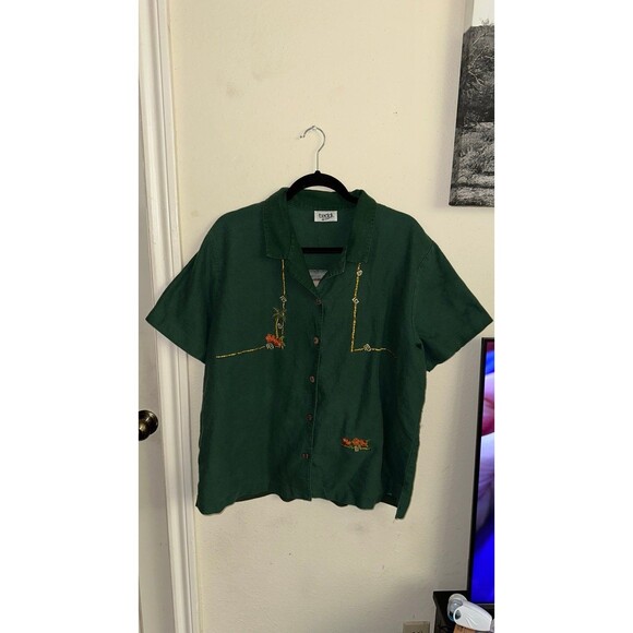 Vintage Teddi green button up floral embroidered blouse linen blend size 1x - Picture 2 of 7